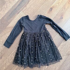 Hanna Andersson Black Tulle and Cotton Dress with Shimmery Moon and Star Pattern